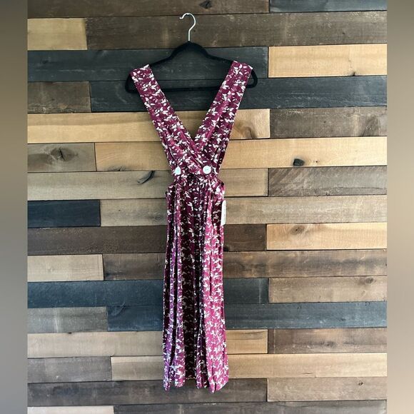 Vintage 80s Purple Floral Pinafore Dress 100% Rayon Apron Style Overall Dress - Picture 2 of 11